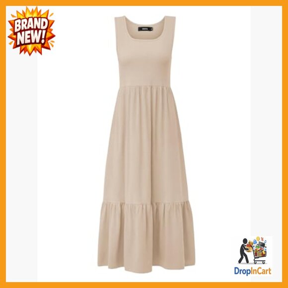 Sleeveless Square Neck Pleated Swing Maxi Dress Casual Tiered Flowy with Pockets - Picture 6 of 7